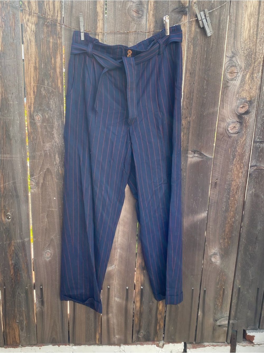 LizSport High-Waist Pinstripe Trousers - Navy with Red Stripes
